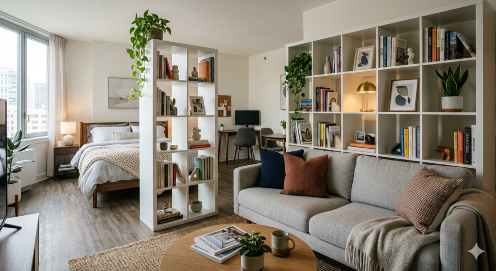 Modern studio apartment layout with an open-back bookshelf acting as a room divider.