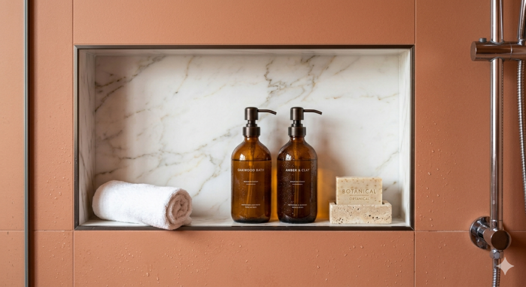 Creative ideas for small bathroom remodeling featuring a recessed marble shower niche for organized storage.