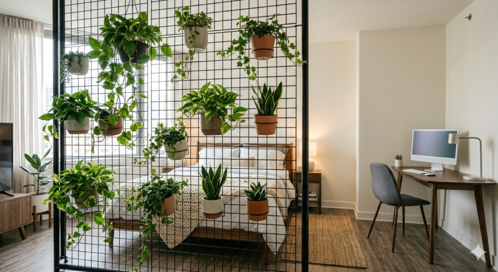 Biophilic room divider ideas using hanging plant stands to zone a studio apartment.
