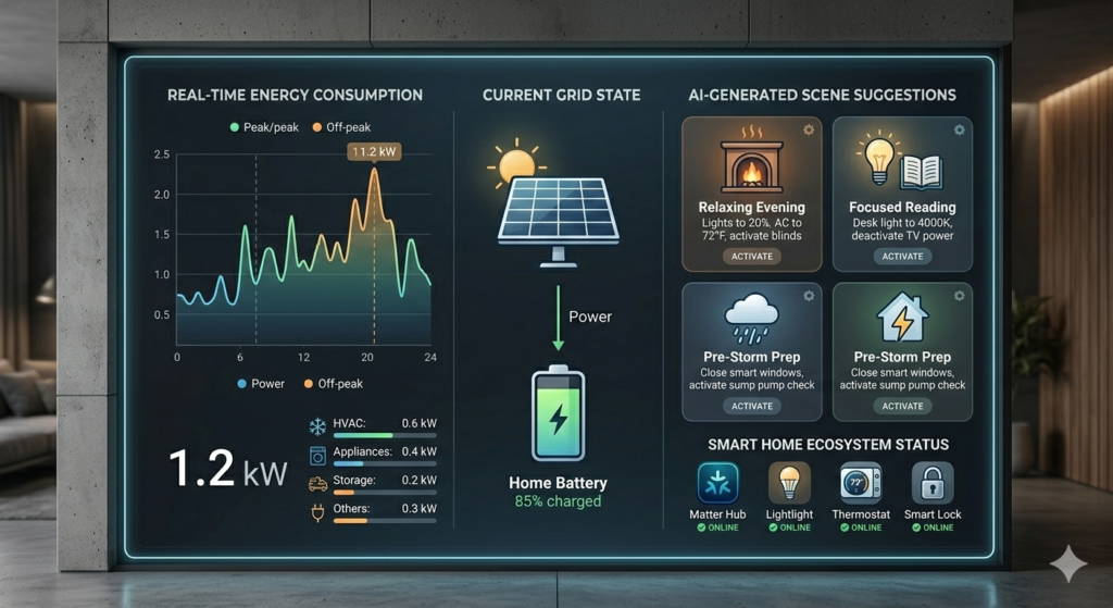 Sleek 2026 smart home dashboard interface displaying real-time energy consumption graphs and AI-generated automation scene suggestions.