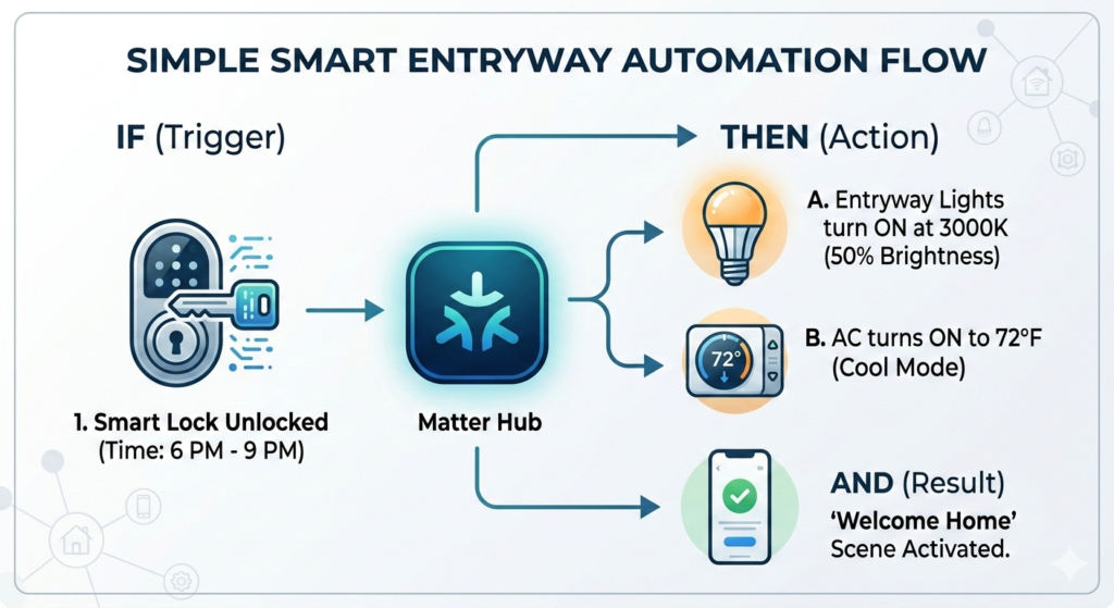 Infographic of a simple 2026 smart home entryway automation flow showing Matter hub linking smart lock to lights and AC.