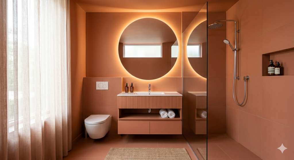 Small bathroom decor using the color drenching technique in a warm clay tone to expand the space.