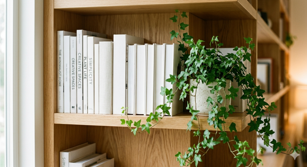 Modern minimalist bookshelf ideas featuring light wood and trailing indoor plants.
