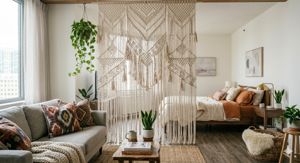 Budget-friendly room divider ideas DIY using a bohemian macramé hanging wall.
