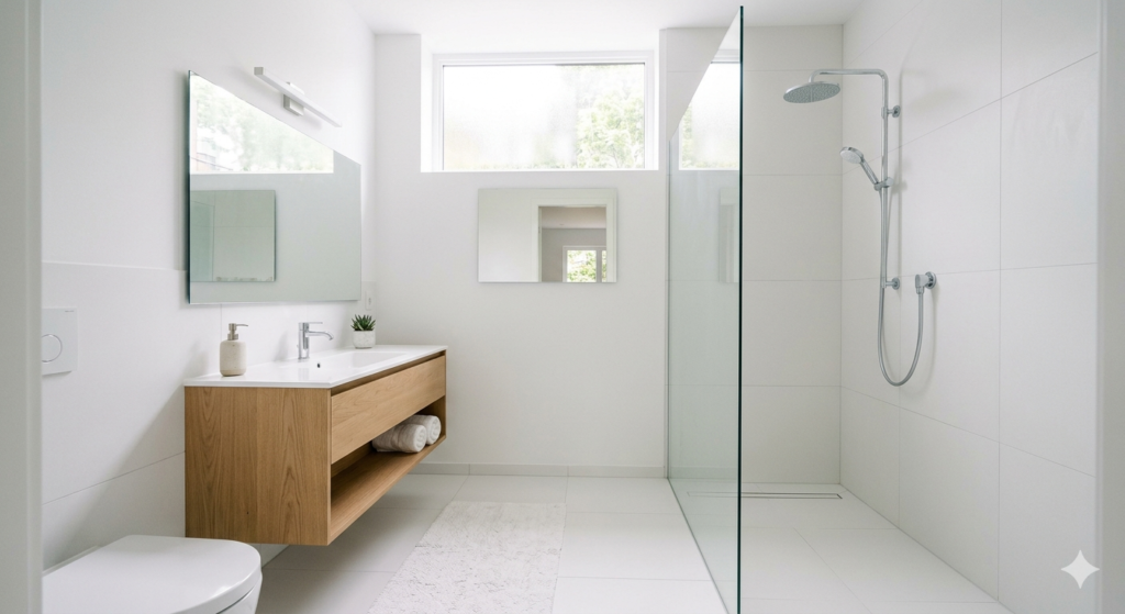 Modern small bathroom ideas featuring a curbless glass shower and white tiles for an airy feel.