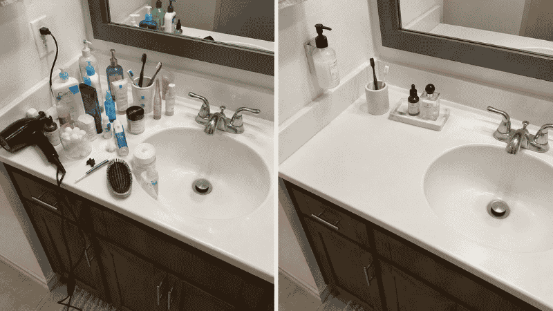 Small bathroom counter before and after decluttering showing cleared surface with only essential items