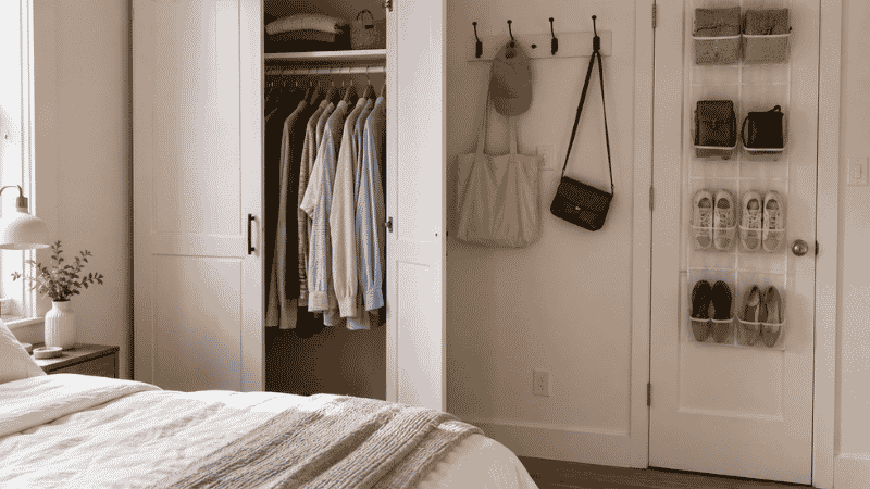 Small bedroom without closet organized with freestanding wardrobe over-door organizer and wall hooks