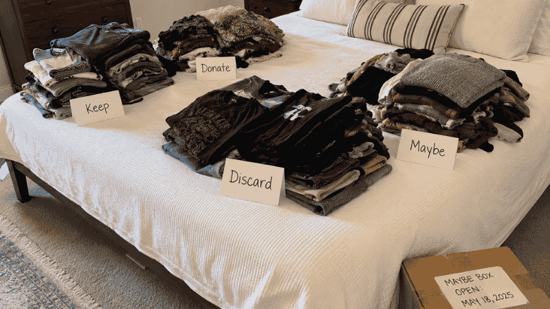 Bedroom bed covered with all clothes sorted into keep donate discard and maybe piles with dated maybe box on floor