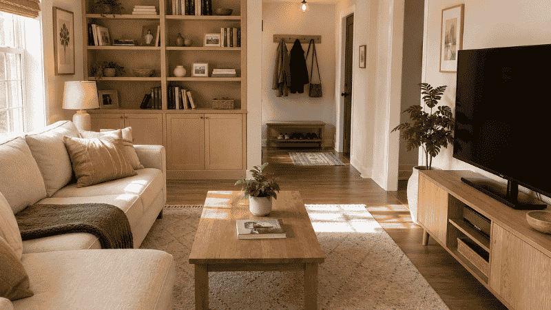 Calm organized living room after complete home declutter with clear surfaces tidy shelves and warm natural light