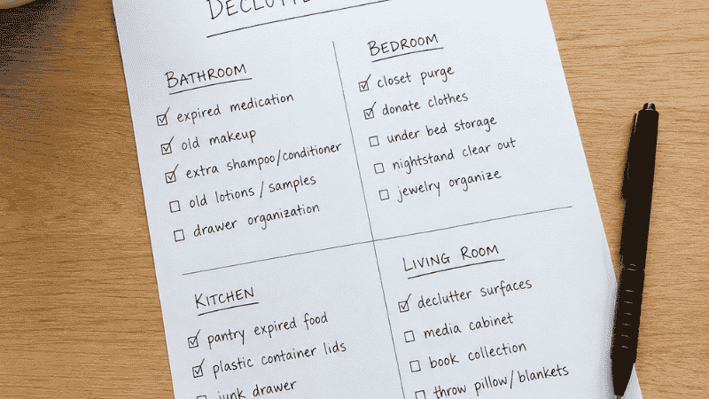 Handwritten room-by-room home declutter checklist with bathroom bedroom kitchen and living room sections checked off