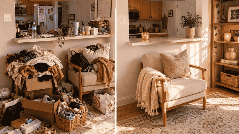 Home declutter before and after showing cluttered living room corner transformed into calm organized space