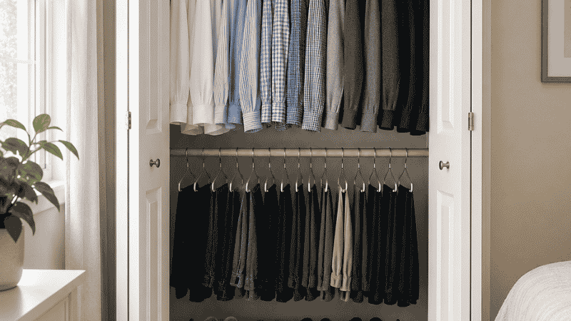Small closet organized with double hang rod, shoe rack and storage bin on top shelf