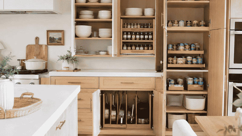 Multiple open kitchen cabinets showing organized zone system with plates spices pans and pantry items
