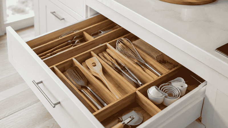 Open kitchen drawer with bamboo dividers organizing spatulas, spoons and tongs by zone