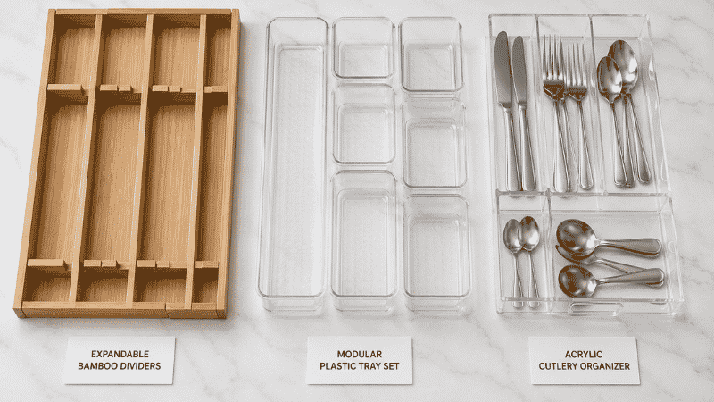 Three types of kitchen drawer organizers compared — bamboo dividers, plastic modular trays and acrylic cutlery tray