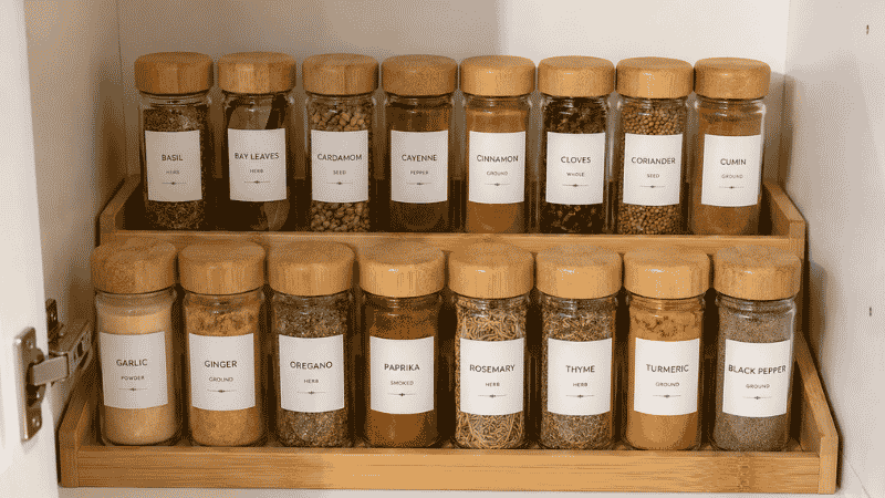 Inside a kitchen cabinet showing a perfectly organized spice 
collection using a two-tier bamboo shelf riser — front row with 
8 labeled spice jars facing forward at eye level, back row elevated 
on the riser showing 8 more labeled jars clearly visible behind. 
All jars matching style with white labels, arranged alphabetically. 
Warm white cabinet interior, bright natural light, top-down slightly 
angled view showing all spice labels readable, realistic and 
achievable organization.