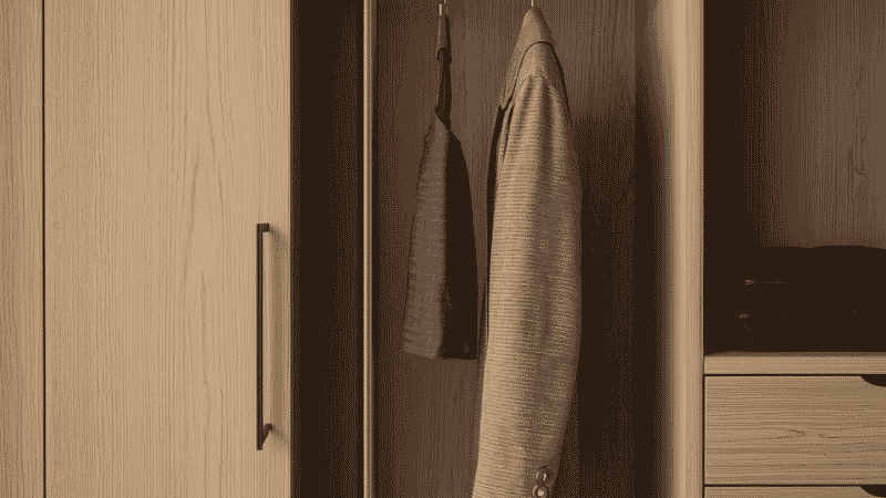 A minimalist wooden closet system detail showing a sleek valet rod holding a single tailored trench coat in a dedicated transitional storage zone.