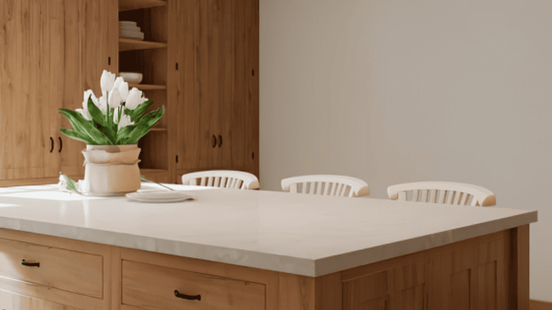 A high-end minimalist kitchen featuring seamless, handle-less white cabinetry and a clean marble countertop with a single decorative branch in a ceramic vase, embodying a sense of visual quiet.