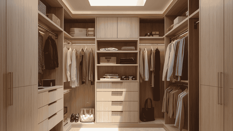 A sophisticated minimalist walk-in closet featuring light wood modular cabinetry, warm recessed LED lighting, and a neutral-toned capsule wardrobe.