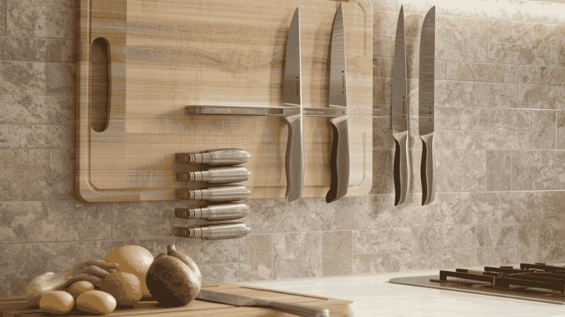 A close-up of a kitchen prep station featuring an integrated wooden cutting board and a sleek magnetic knife strip on a textured backsplash, illustrating professional-grade kitchen storage efficiency.