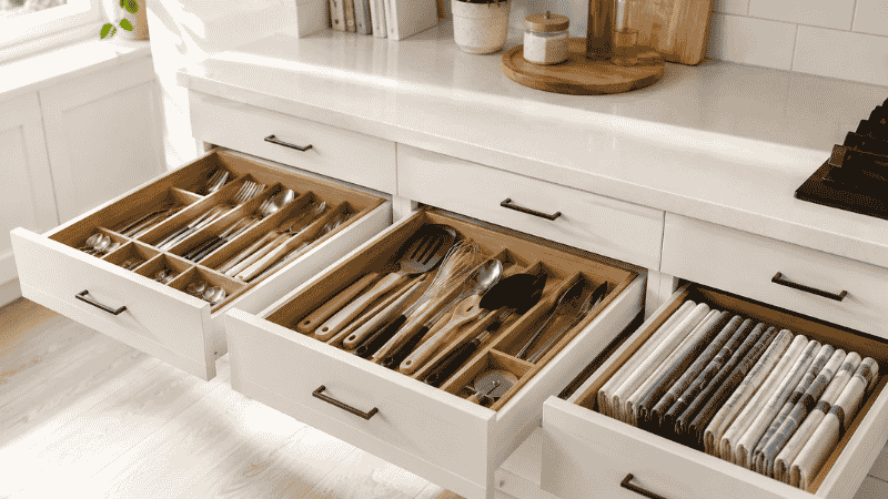 Three fully organized kitchen drawers showing cutlery tray, utensil dividers and folded dish towels