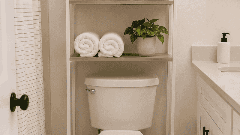 Freestanding over toilet storage etagere with three shelf levels holding towels baskets and decor