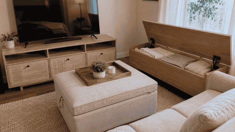 Small living room with storage ottoman TV console with doors and lift-top dining bench showing hidden storage