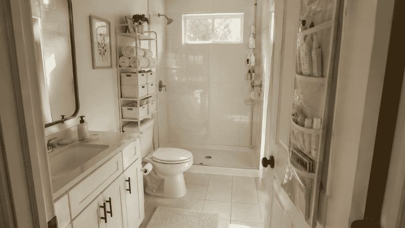 Small white bathroom fully organized with over-toilet shelf clear counter and shower caddy