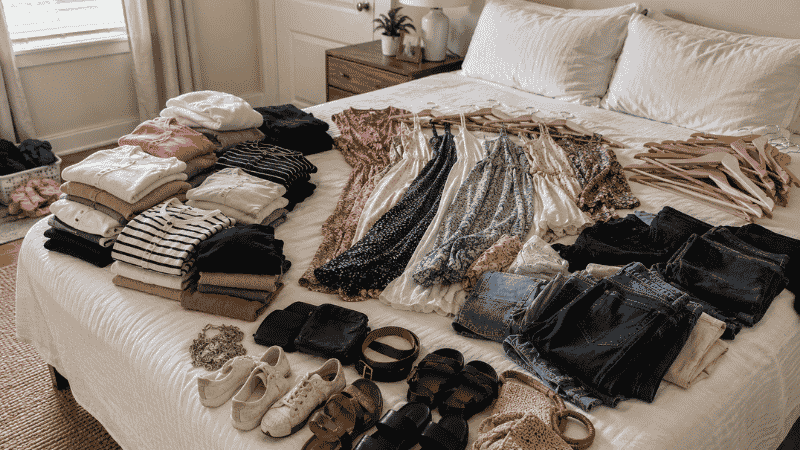 All closet clothes laid out on bed sorted into keep relocate and let go piles before reorganizing