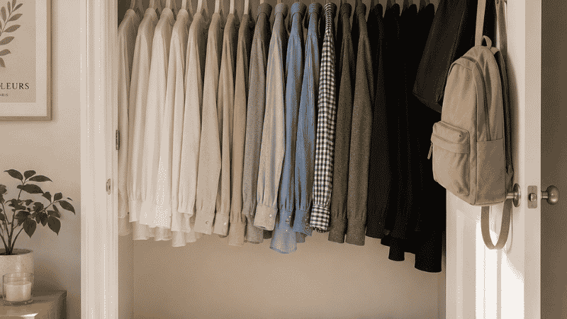 Fully organized small closet with color-arranged hanging clothes shoe rack and labeled storage bins