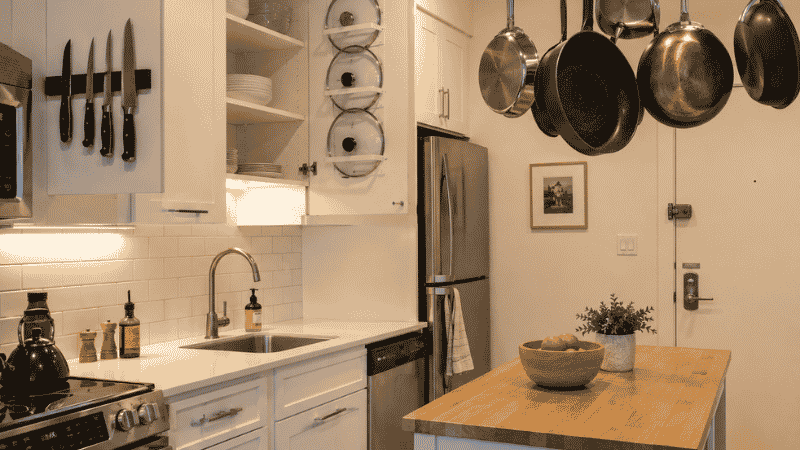 Small kitchen with magnetic knife strip cabinet door lid organizer and hanging pot rack maximizing storage