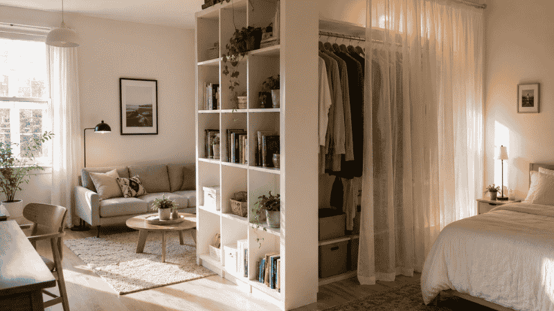 Studio apartment with tall bookcase as room divider and tension rod curtain creating closet zone on sleeping side