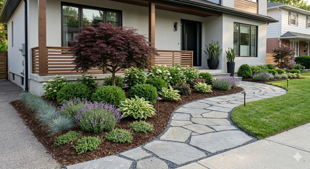 Modern front yard landscaping ideas with layered shrubs and stone path