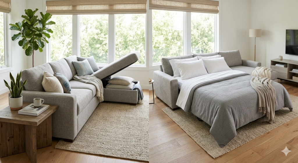 Modern sectional sleeper sofa with open storage chaise and pull-out queen mattress.