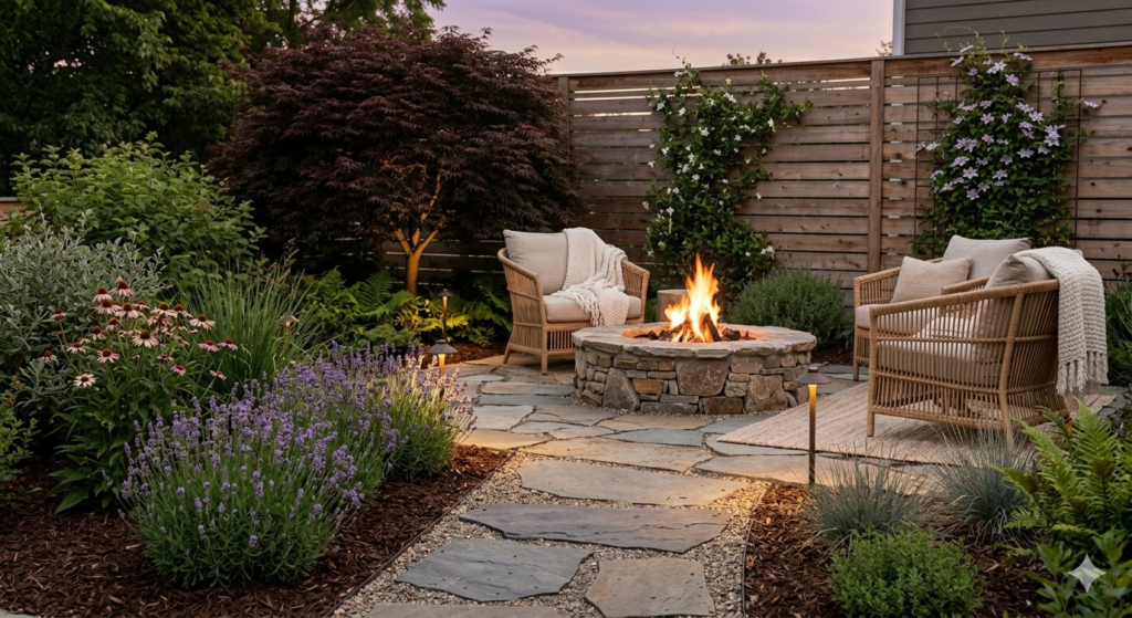 Relaxing backyard landscaping ideas with a stone fire pit and native plants