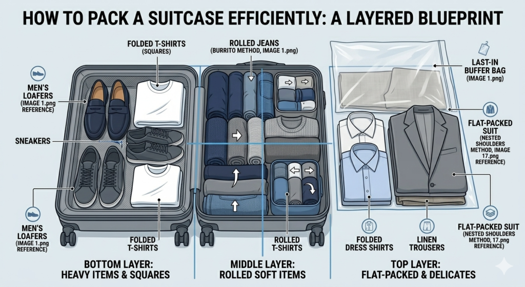 Diagram showing how to pack a suitcase efficiently using a layered approach.