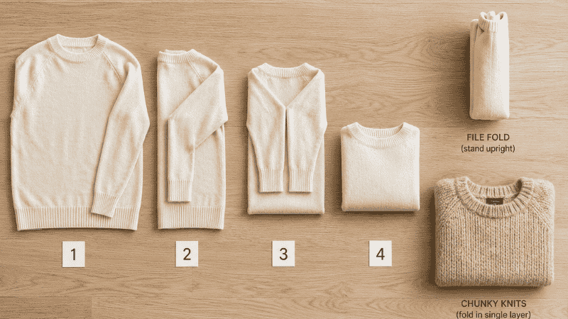 Sweater folding sequence showing sleeves tucked across back then thirds fold creating compact rectangle for vertical storage