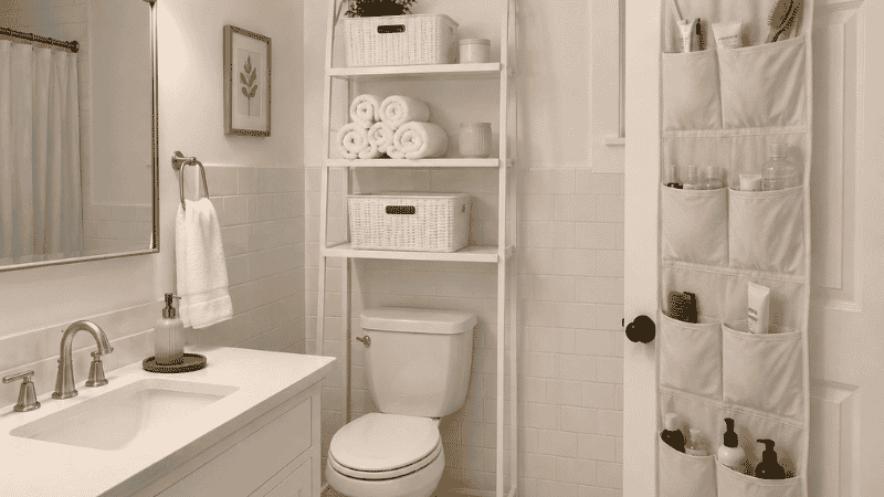 Small bathroom organized with over toilet etagere clear counter and over door pocket organizer for toiletries