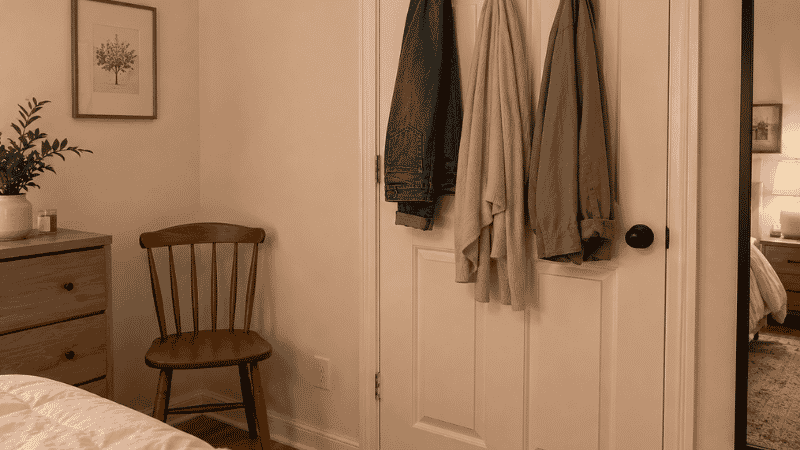 Bedroom door with three hooks holding worn clothes as solution to chair pile with empty chair visible beside door