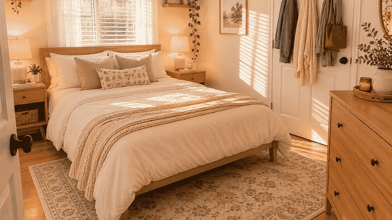 Fully organized small bedroom with clear surfaces made bed door hooks and empty floor showing calm organized result