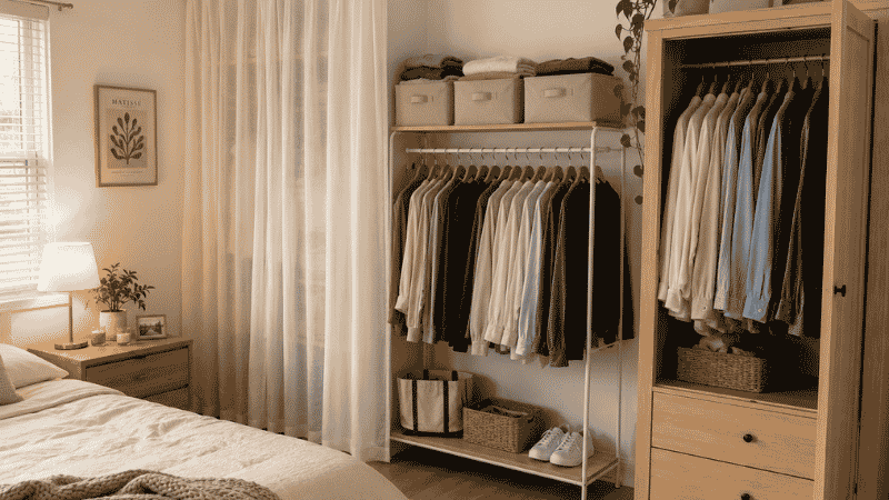 Small bedroom without closet organized with freestanding wardrobe clothing rack and curtained storage zone
