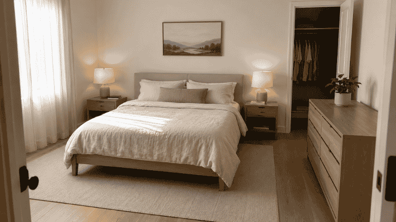 Calm organized bedroom with clear nightstands clear dresser surface made bed and open closet showing neat clothes