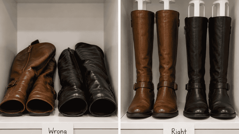 Boot storage comparison showing boots stored on sides causing shaft creasing versus boots stored upright with shapers maintaining shape
