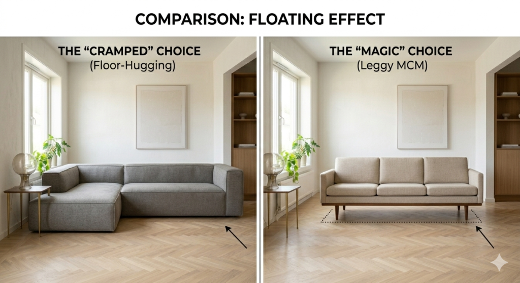 Side-by-side comparison showing how a tapered-leg MCM sofa creates more visual space than a bulky floor-hugging sofa in a small living room.