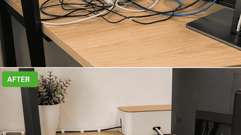 Cable management before and after showing tangled cables transformed with cable clips cable box and under desk tray