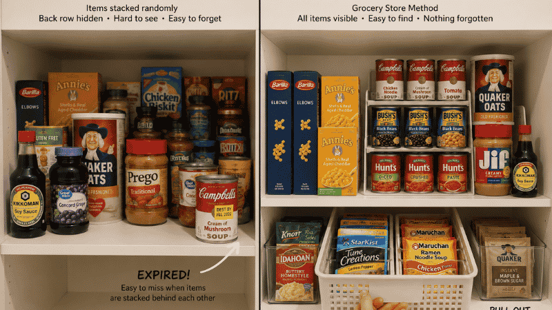 Deep pantry shelf showing before with hidden back row items versus after with grocery store method columns and can riser