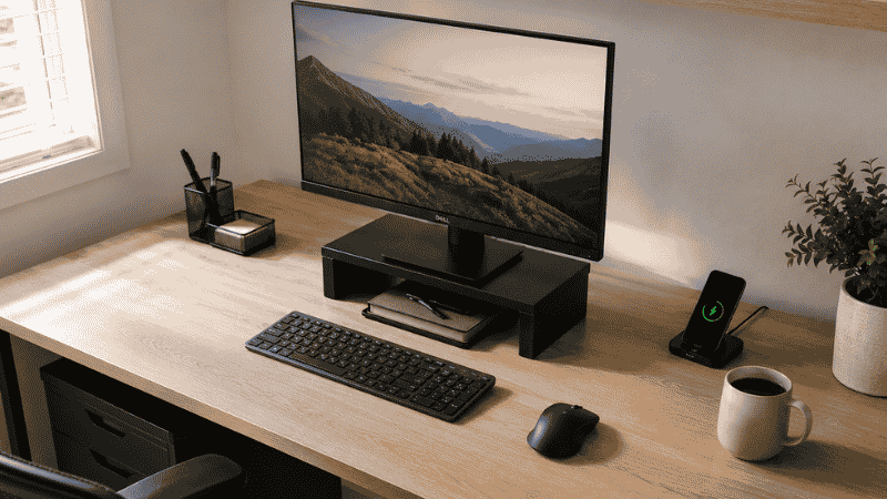 Clean organized home office desk with monitor riser clear surface minimal supplies and hidden cables
