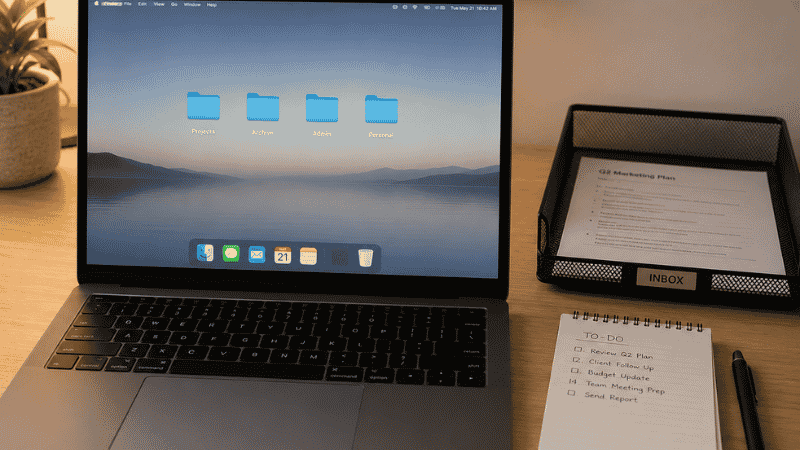 Organized digital desktop with four labeled folders and clean physical desk showing inbox tray and notepad beside laptop