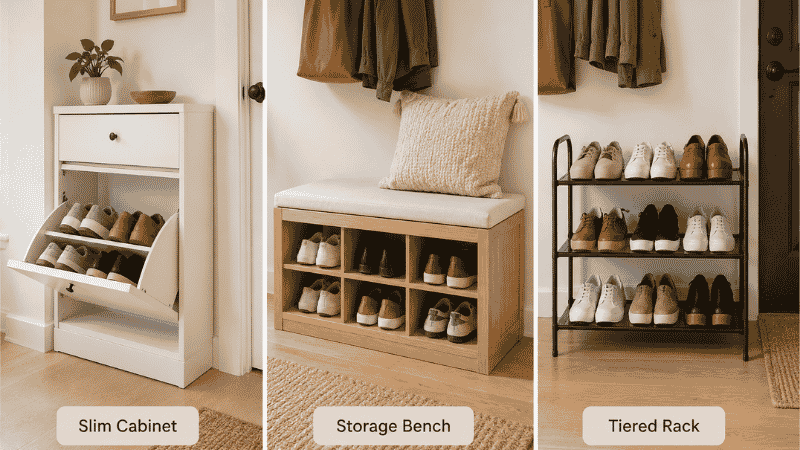 Three entryway shoe storage options compared — slim shoe cabinet storage bench with cubbies and tiered shoe rack