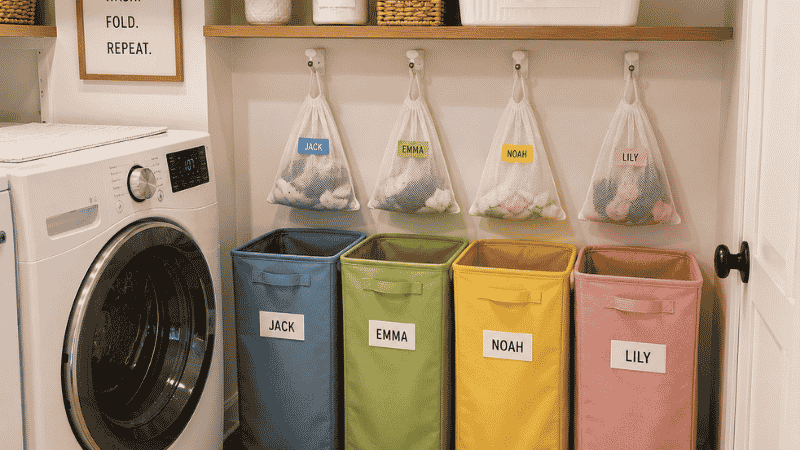 Family laundry room with four color coded hampers labeled per child and matching mesh sock bags on wall hooks